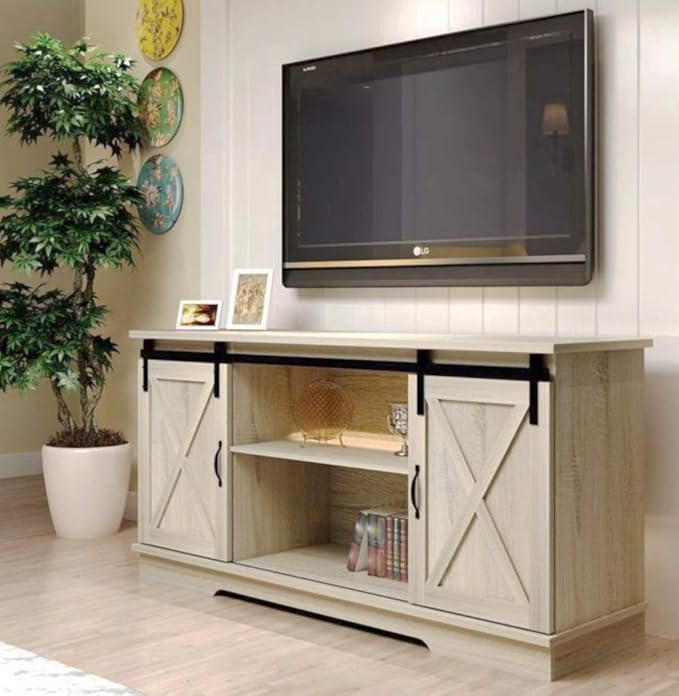 Rainbow Sophia TV Stand, Storage Cabinet with Sliding Barn Doors and Adjustable Shelves, Modern 28”H, White Oak
