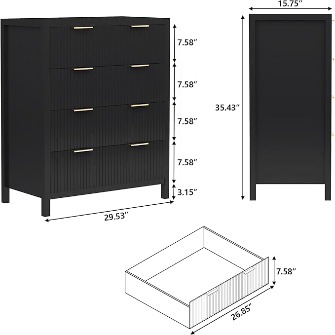 Fluted 4 Drawer Tall Dresser for Bedroom, Mid Century Modern Nightstand with Drawers, Tall Bedside Table for Closet Cloth, Living Room End Table with Storage for Dorm -Black
