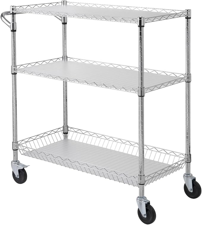 VEVOR Kitchen Utility Cart, 3 Tiers, Wire Rolling Table with 661 LBS Capacity, Steel Service Desk on Wheels, Metal Storage Trolley with 80 mm Deep Basket Curved Handle PP Liner 6 Hooks