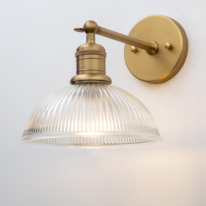 Yosoan Antique Brass Indoor Wall Sconce, 1-Light Modern Vanity Light Vintage Industrial Single Lamp Hardwired Clear Striped Bowl Glass Shade for Living Room Kitchen Bedroom Home Decor(Antique)