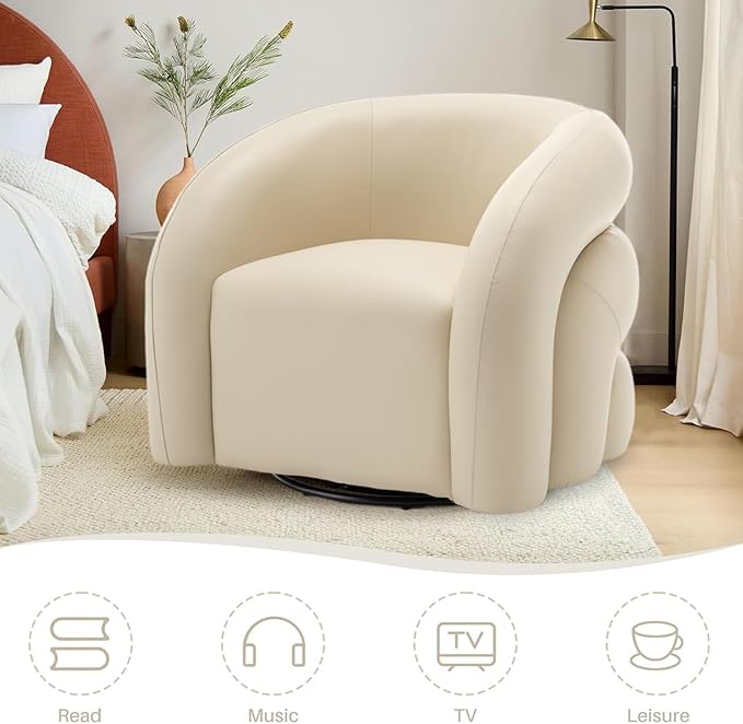 34.6" W Swivel Accent Chair, Modern Round Faux Leather Armchair for Living Room,Upholstered Comfy Sofa Chairs for Bedroom Reading Apartment Lounge,Fully Assembled(Dark Apricot)