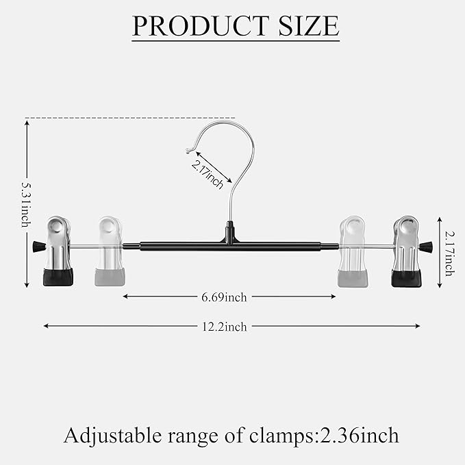 10 Pack 12Inch Heavy Duty Pants Skirt Hangers with Clips,Metal Trousers Hanger for Jeans Black Non Slip Women Shorts Hangers Saving Space Clothing Hanger for Adult,Men,Children,Kid,Baby