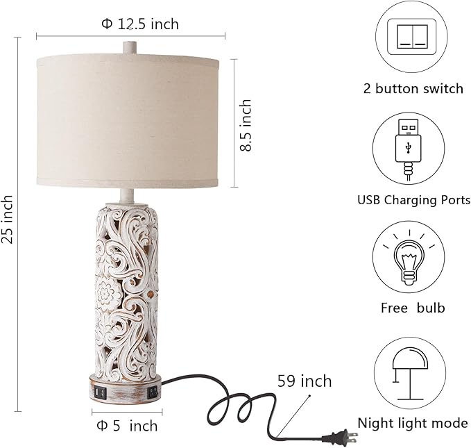 RORIANO Rustic Farmhouse Table Lamps for Living Room Bedroom, Vintage Bedside Lamp with Dual USB Port, Antique White Resin Retro Nightstand Lamps with Night Light, Bulbs Include