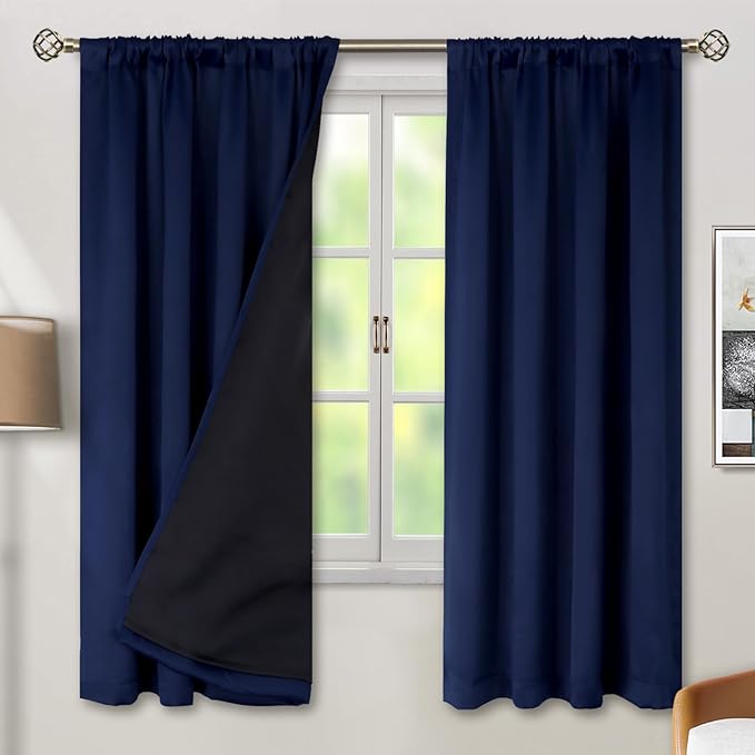 BGment Navy Blue 100% Blackout Curtains 72 Inches Long with Reducing Noise Liner, Rod Pocket and Back Tab Double Layer Full Room Darkening Window Curtain for Bedroom, 2 Panels, Each 42 x 72 Inch