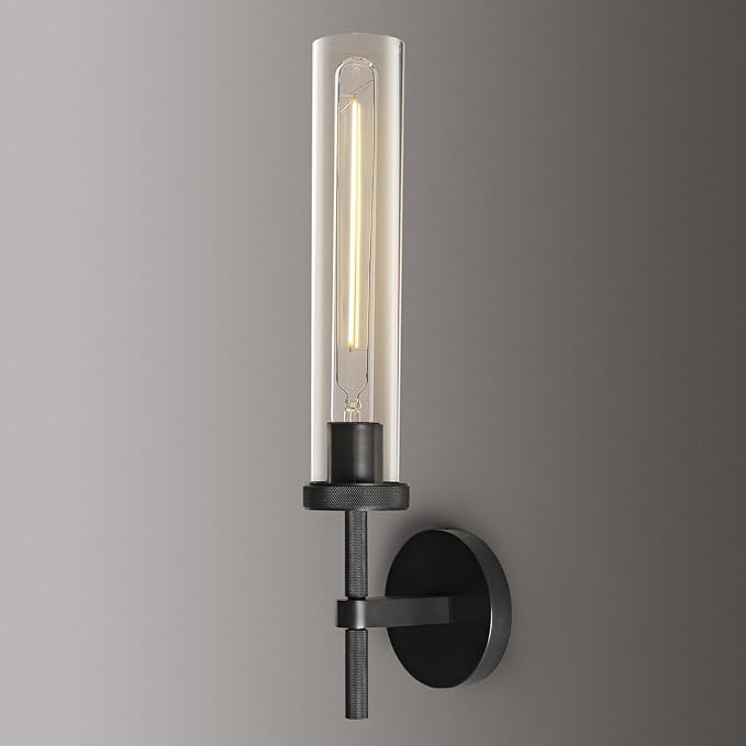 Black Wall Sconce, 19" Tube Glass Sconce Wall Lighting, Bathroom Wall Light, Vanity Lights for Living Room, Wall Lamp for Bedroom, Hallway, Fireplace, Staircase