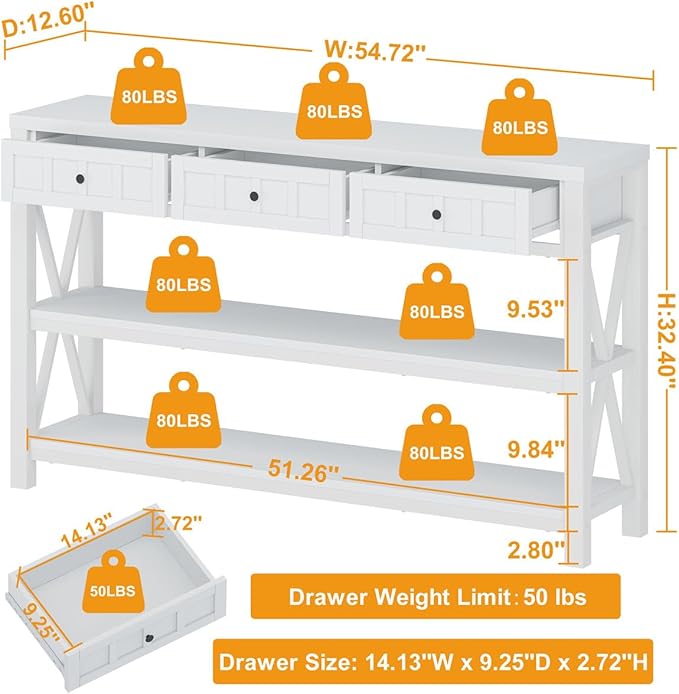 FATORRI Console Table for Entryway, Wood and Metal Sofa Table with 3 Drawers for Living Room, Farmhouse Hallway Tables and Modern Couch Tables Behind Sofa (54.72 Inch Long, White Oak)
