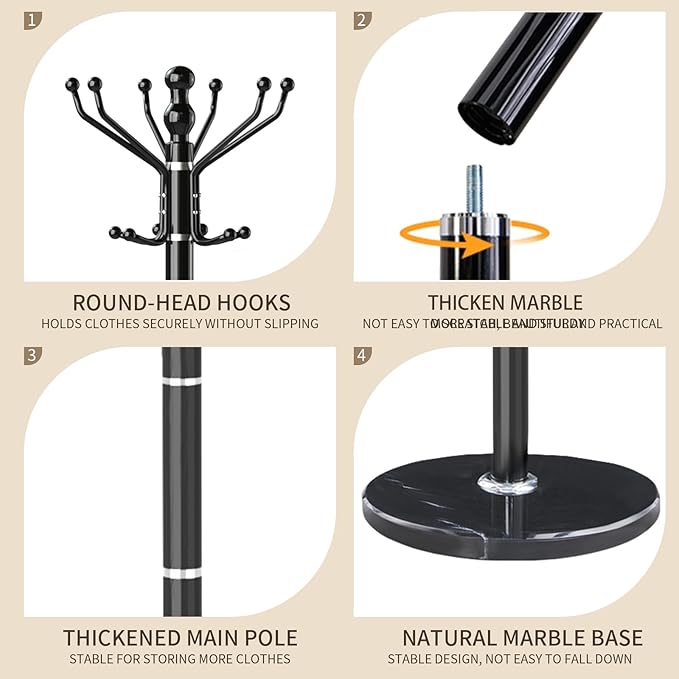 Metal Modern Coat Rack Stand, Sturdy Freestanding Coat Rack with Natural Marble Base, Coat Racks and Coat Hall Tree Hanger Stand for Entryway, Hallway, Office (16 Hooks-Black)