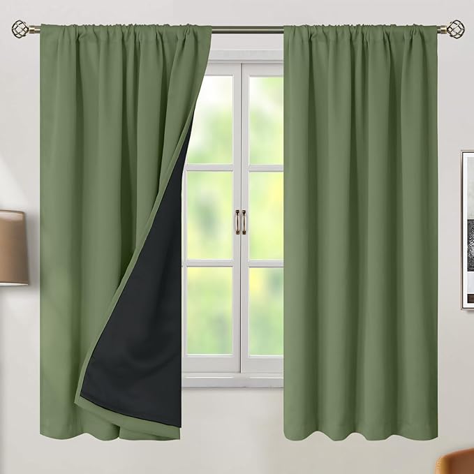 BGment Grass Green 100% Blackout Curtains 63 Inch Length with Reducing Noise Liner, Rod Pocket and Back Tab Double Layer Full Room Darkening Window Curtain for Bedroom, 2 Panels, Each 42 x 63 Inch