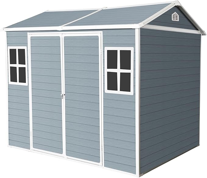 8x6 FT Outdoor Storage Shed, Resin Garden Shed with Thick Floor, Plastic Storage Shed with 2 Windows, Waterproof Outside Tool Shed with Lockable Hinged Doors for Backyard, Patio, Lawn, Light Gray