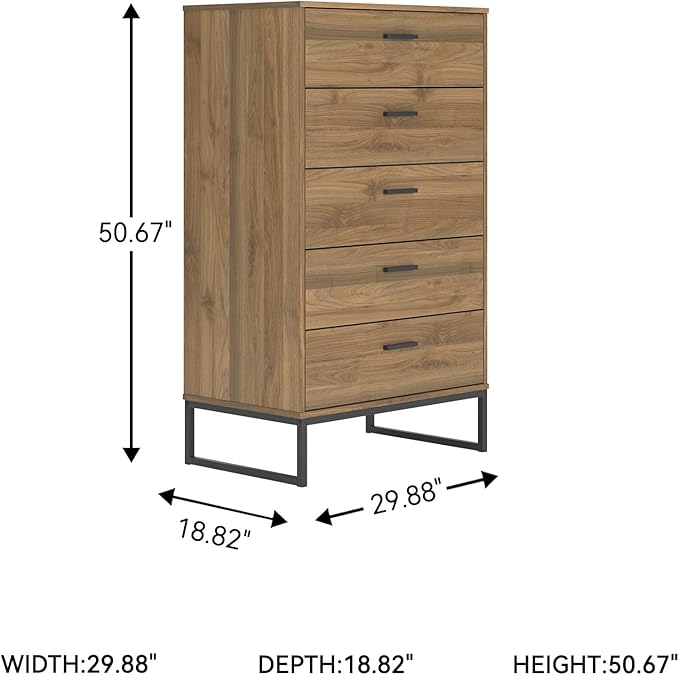 Signature Design by Ashley Deanlow Mid-Century Modern 5 Drawer Wide Chest with Safety Stop for Bedroom, Light Brown & Black