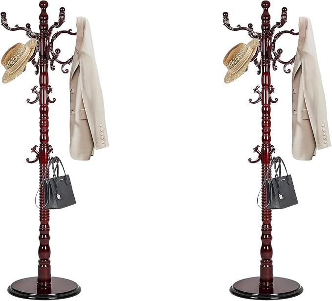 73”Vintage Wooden Coat Rack，With 14 Hooks and Sturdy Round Base.Sturdy and Durable Standing Coat Racks，Adjustable Wooden Freestanding Coat Rack for Corridors, Offices, Porch，Bedrooms (Mahogany)