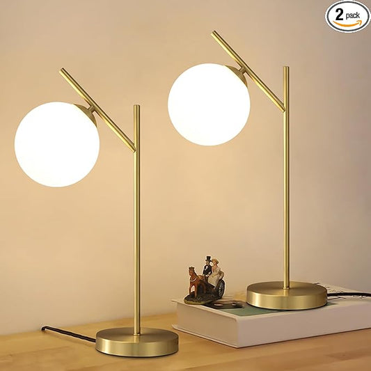 Globe Table Lamp Set of 2, Brass Glass Globe Desk Lamp with Milky White Glass Shade, Contemporary Metal Bedside lamp for Bedroom Living Room Study Room