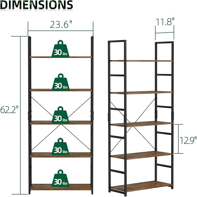 OTK 5 Tier Bookshelf, Tall Bookcase, Office Shelf Storage Organizer, Modern Book Shelf for Living Room, Bedroom, and Home Office, Vintage