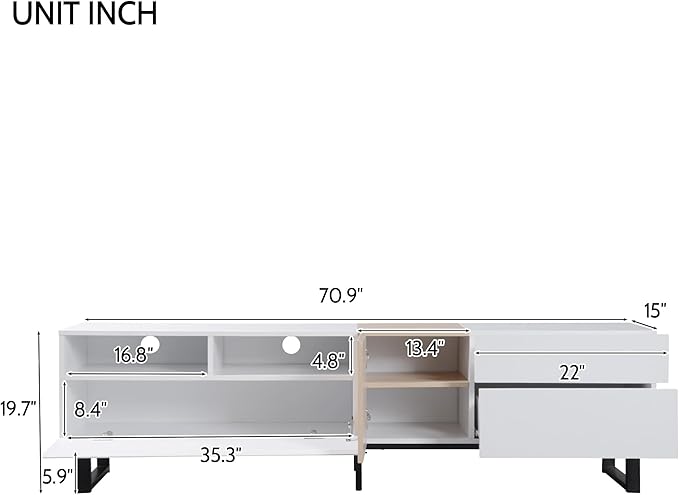 Merax Modern TV Entertainment Center with Cabinets, Drawers & Open Shelves, Wood TV Stand for TVs Up to 80” for Living Room Bedroom (White & Natural)