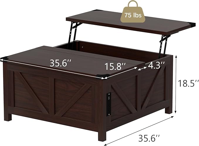 35'' Farmhouse Lift Top Coffee Table, Coffee Table with Storage and Large Hidden Storage, Square Coffee Tables with Charging Station&USB Ports, Lift Coffee Tables for Living Room, Brown