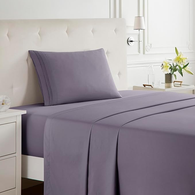 Clara Clark Bed Sheets, Premier 1800 Series Bed Sheet Set, Deep Pocket, Wrinkle, Fade, Stain Resistant, Luxury Soft Bedding Sheets & Pillowcases, Twin, Grayish Purple