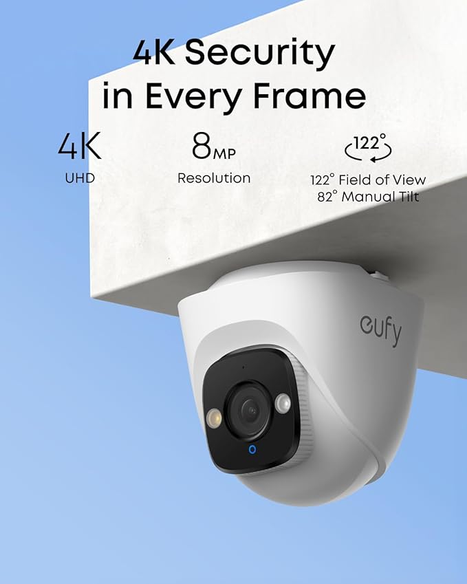 eufy PoE Turret Security Camera E41, NVR Add On Cam, 4K UHD, 122° FOV, F1.6 Color Night Vision, 24/7 Recording, Human/Vehicle/Pet AI Detection, Red and Blue Strobe, Plug and Play