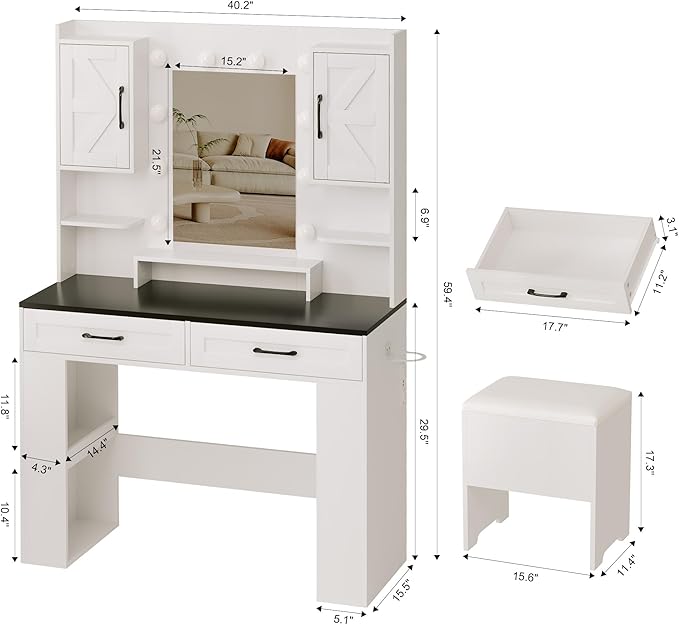 KAMABOKO Farmhouse Vanity Desk with Mirror and Lights, Large Makeup Vanity Table with 2 Drawers, Clear Glass Display Cabinet and Upholstered Storage Stool, Girls Vanity for Bedroom (037-Black)