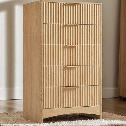 Amada Tall 5 Drawer Dresser, Modern Fluted Vertical Chest with Rounded Corners, Pre-Installed Drawer Slides & Narrow Storage Design for Bedroom or Hallway in Natural Oak