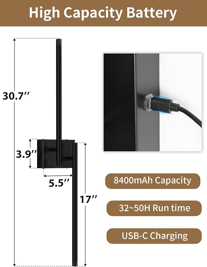Battery Operated Wall Sconce, 30.7 in Wall Sconces Set of Two Battery Operated, 6000mAh Rechargeable Wall Sconces Battery with Remote, LED Wireless Wall Light for Living Room