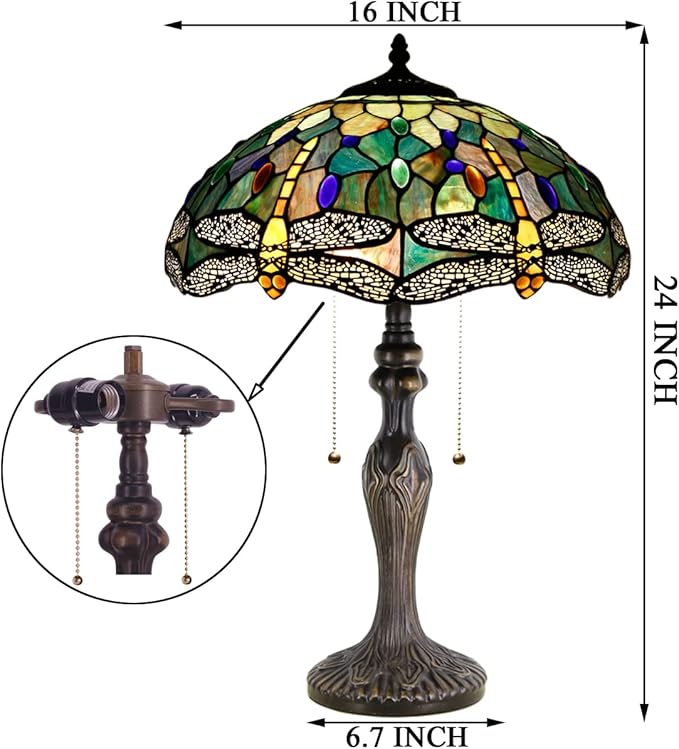 Tiffany Table Lamp Stained Glass Lamp 16X16X24 Inch Antique Reading Light (Amber Yellow Dragonfly)