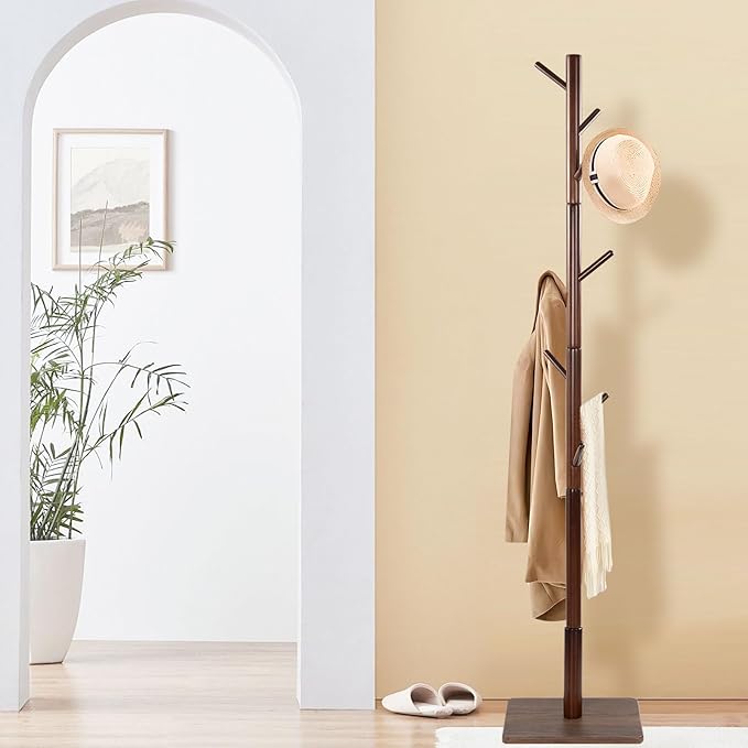 Coat Rack Freestanding with Stable Square Base, Entryway Furniture with 3 Adjustable Sizes and 8 Hooks, Used in Bedroom, Office and Hallway, Brown