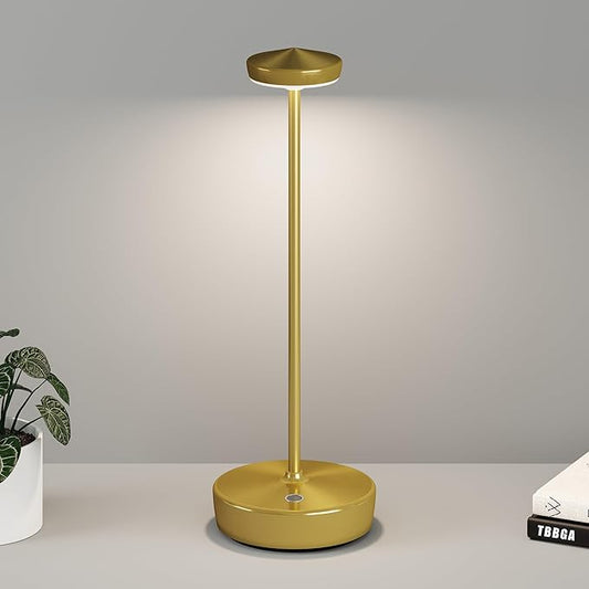 Cordless Table Lamp Rechargeable - LED Battery Table Light with 3 Color Temperatures, Stepless Dimming, Waterproof Aluminum for Indoor Outdoor, Patio, Restaurant, Dinner (Brushed Gold)