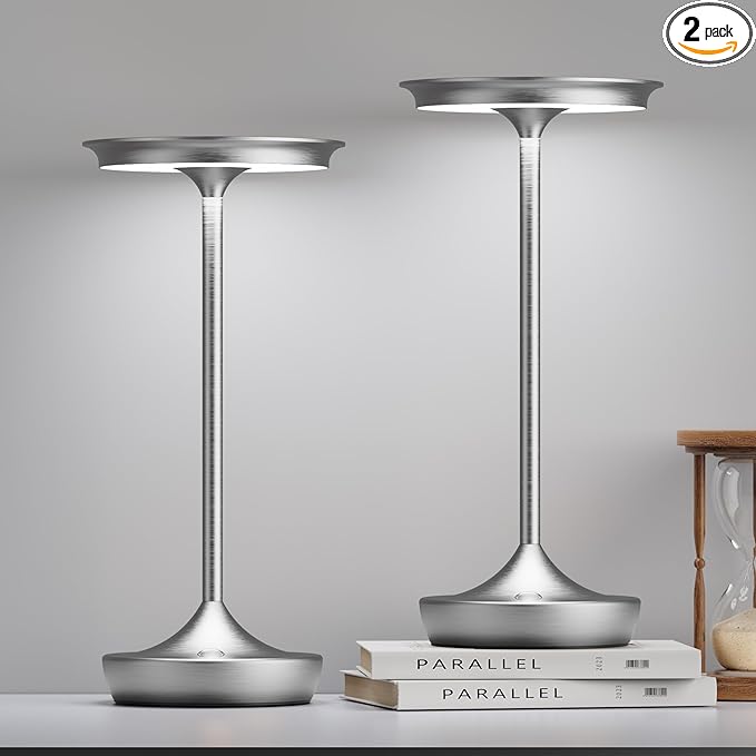 LED Cordless Table Lamps Rechargeable - Outdoor Battery Operated Portable Table Light 3 Color Stepless Dimming Tables Lamp with Memory Function for Patio Restaurant Dining 2 Pack Silver