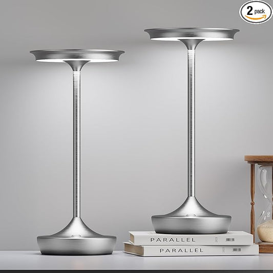 LED Cordless Table Lamps Rechargeable - Outdoor Battery Operated Portable Table Light 3 Color Stepless Dimming Tables Lamp with Memory Function for Patio Restaurant Dining 2 Pack Silver