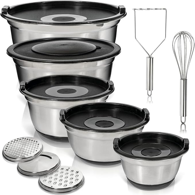 WHYSKO Stainless Steel Mixing Bowls with Lids Set - 5 Rustproof Metal Nesting Mixing Bowls for Kitchen, Meal Prep, Baking, Cooking, Storage - Includes 3 Grater Attachments, Dishwasher Safe