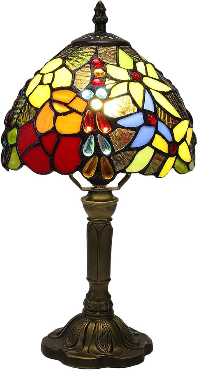 Tiffany Lamp Rose Flower Stained Glass Table Lamp for Bedroom,3 Colors Temperatures Nightstand Bedside LED Home Office Desk Lamp 8X8X14 Inch Tall Small Accent Table lamp for Living Room Hotel