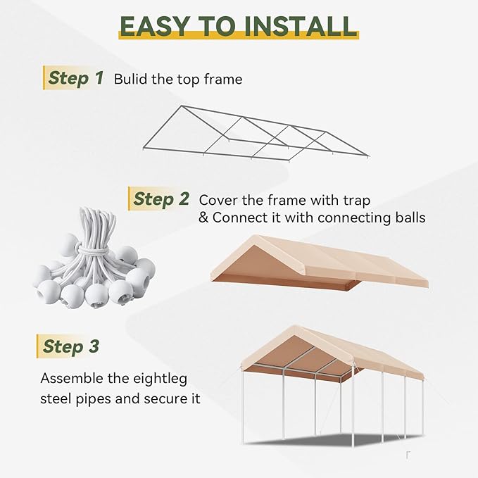 Aoxun 10x20 ft Heavy Duty Carport with Tarp & Wind Resistance Portable Carport Car Tent Outdoor Car Port with Tear Resistant Canopy, No Sidewall - Khaki