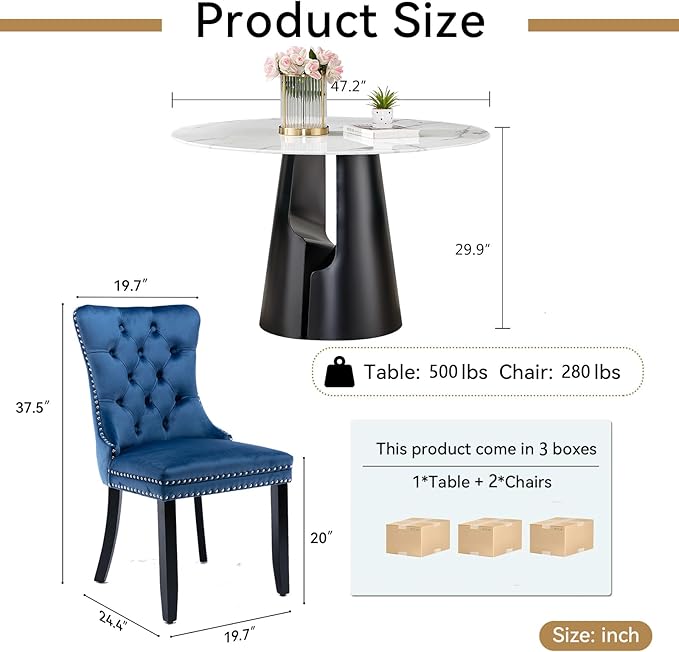 3-Piece Faux Marble Round Dining Table Set for 2, Modern Luxury Kitchen Table Set for 2 with Blue Tufted Chairs,Circle Dining Tables with White Marble Grain Top and Black Pedestal Base