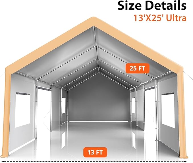 13x25FT Heavy Duty Portable Carport Canopy with 4 Roll-Up Doors & 4 Mesh Windows, Large Outdoor Garage Shelter for Car, Truck, Boat, Party, and Market Use