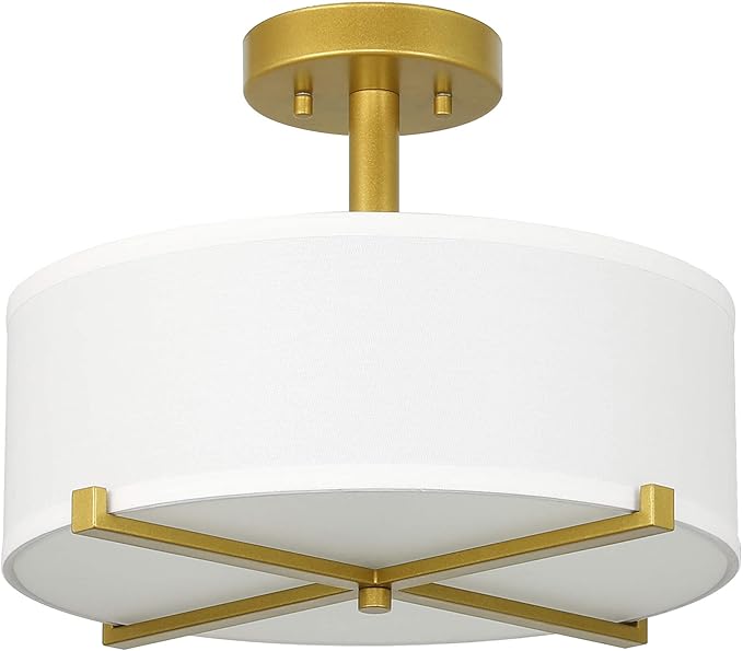 XiNBEi Lighting Semi Flush Mount Ceiling Light Modern Gold Brass Drum Light Fixture with Fabric Shade 3-Light Drum Ceiling Lighting for Living Room, Bedroom, Kitchen, Dining Room, Hallway