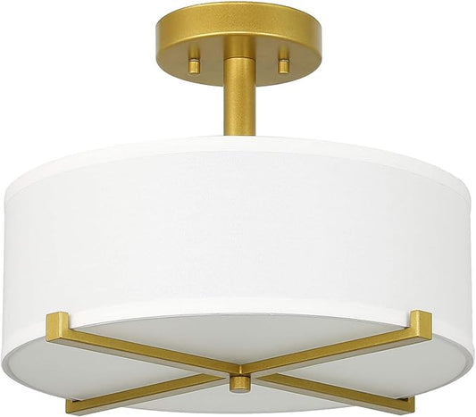 XiNBEi Lighting Semi Flush Mount Ceiling Light Modern Gold Brass Drum Light Fixture with Fabric Shade 3-Light Drum Ceiling Lighting for Living Room, Bedroom, Kitchen, Dining Room, Hallway