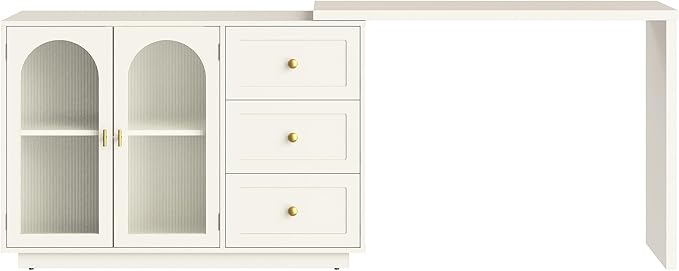 RoyalCraft White Makeup Vanity Desk, Modern L Shaped Corner Vanity with Storage, Wood Large Dressing Table for Women Girlfriend, Extendable Makeup Table for Bedroom, Cream White (Without Mirror)