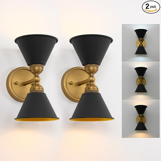 HEQIQEH Set of 2 Vintage Battery Operated 2-Lights Wall Sconces, Indoor Up and Down Wall Light Fixtures with Remote Control, Dimmable Cordless Wall Lamps for Hallway, Living Room, Stairs