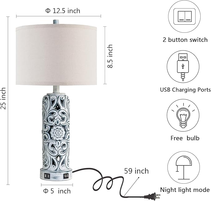 25'' Vintage Coastal Table Lamp Bedside Lamps Set of 2, Farmhouse Table Lamps with Dual USB Ports for Bedroom, Wash Blue Hollow Out Resin Lamp with Nightlight for End Table, 2 Bulbs Included