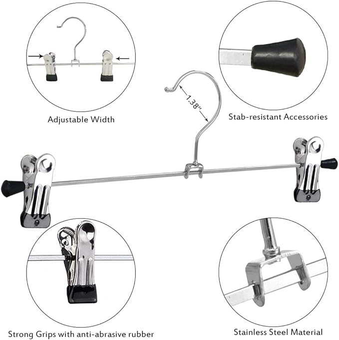 NORTHERN BROTHERS Pants Hangers with Clips Heavy Duty 20 Pack, Adjustable Metal Pants Hanger, Skirt Hangers with Clips Space Saving Hangers for Jeans