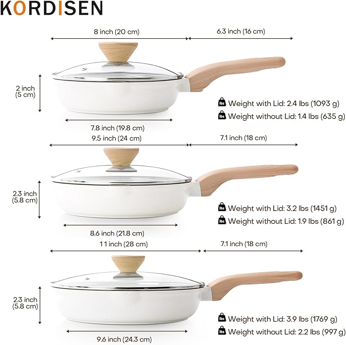 Ceramic Nonstick Frying Pan Skillet Set with Lid, 3 Piece Ceramic Pans for Cooking Non Toxic, Healthy Induction Cookware, Stay-Cool Handle, PFOA & PFAS Free (8 Inch, 9.5 Inch, 11 Inch)