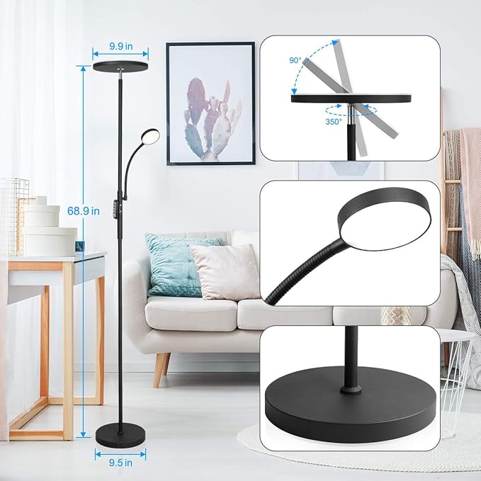 Led Floor Lamp Torchiere Floor Lamp with Adjustable Reading Lamp,2000lumens Main Light and 400lumens Side Reading Light for Living Room, Bedroom, Office, Work with Remote Control, Matte Black