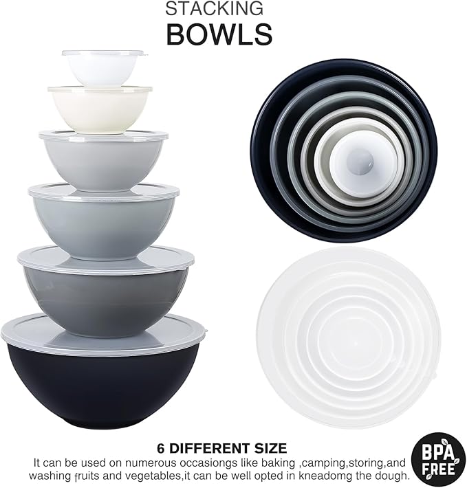 6-Piece Plastic Mixing Bowl Set with Lids for Kitchen, Nesting Storage Bowls for Baking, Prepping,Cooking and Serving Food, Dishwasher, Microwave Safe,Great for Mixing & Serving,Gray
