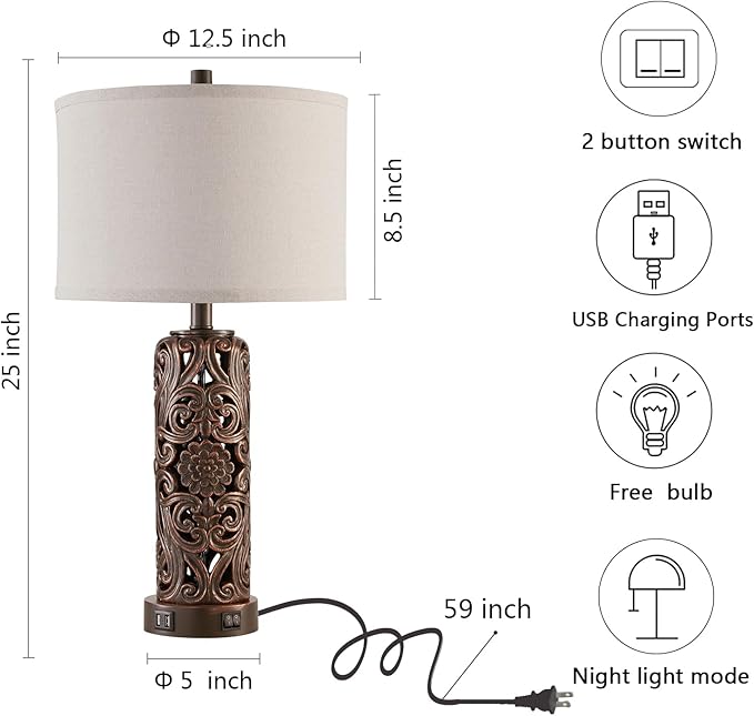 Farmhouse Table Lamps Set of 2, Vintage Lamp for Living Room and 2 USB Ports Bedside Lamp with Nightlight for Bedroom, Dark Brown Hollow Out Resin Nightstand Lamp, 2 Bulbs Included