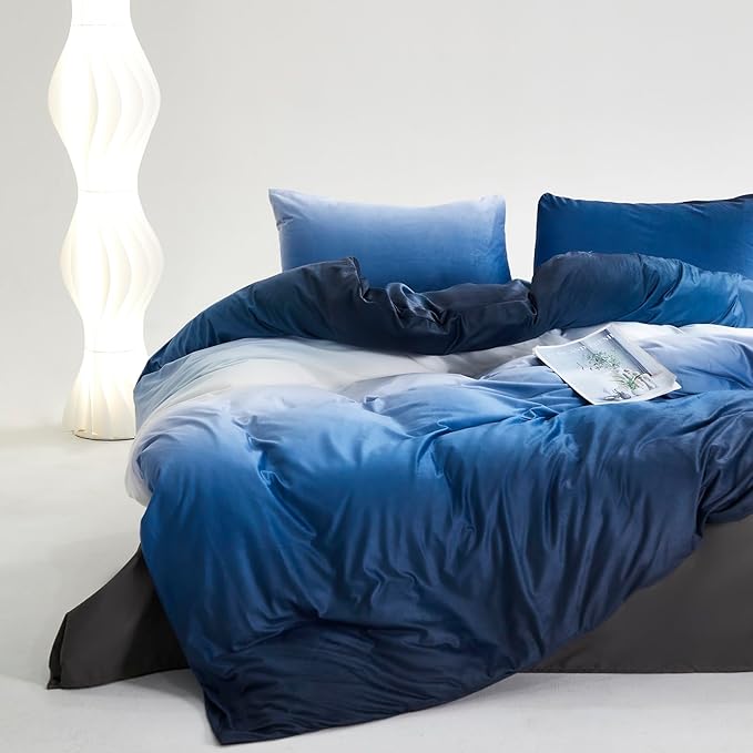 Luxlovery Blue Gradient Velvet Comforter Full Fluffy Plush Flannel Bedding Set Full Men Women Army Blue White Winter Warm Blanket Quilts Thick Abstract Modern Sherpa Micromink Comforter Set