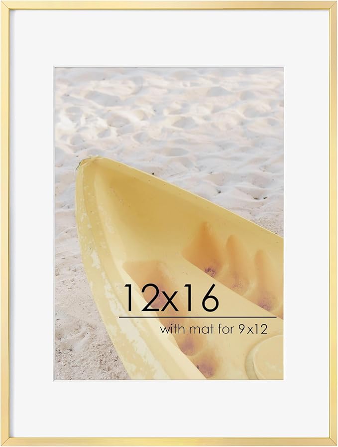 12x16 Metal Picture Frame For Wall With Mat For 9x12, 12''x16'' Aluminum Certificate Document Frames With Tempered Glass, Minimalist Modern Poster Frame Horizontally And Vertically, Gold