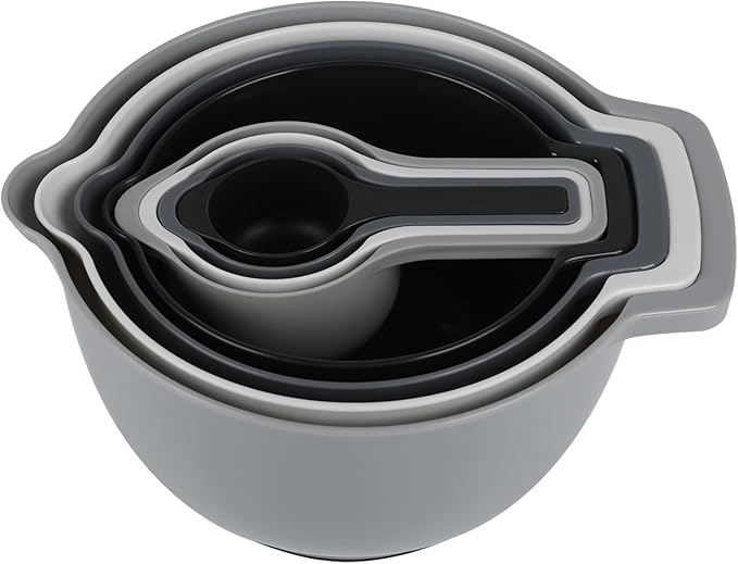 BoxedHome 8 Pack Classic Nesting Mixing Bowl Set with 4 Measuring Cups, Plastic Mixing Bowls with Pour Spouts and Handles(Gray)