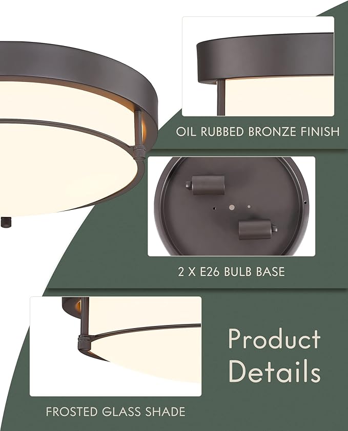 12 inch Flush Mount Ceiling Light, 2-Light Close to Ceiling Light Fixtures with Oil Rubbed Bronze Finish for Bathroom Bedroom Kitchen Hallway, 4822-ORB