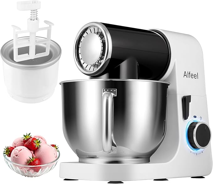 Aifeel Stand Mixer,6.5QT Kitchen Electric Mixer with 2QT Ice Cream Maker Bowl, 6 in 1 Multifunctional Bread Dough Mixer with Dough Hook,Whisk & Beater, Food Mixer for Baking (Black-White)