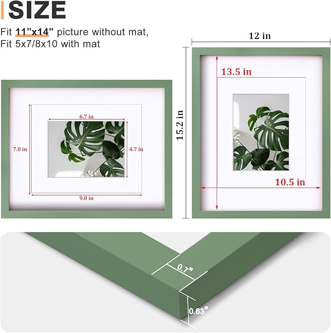 Egofine 11x14 Picture Frame Made of Solid Wood Covered by Plexiglass, Display Pictures 5x7/8x10 with Mat or 11x14 Without Mat for Table Top Display and Wall Mounting Photo Frame, Green
